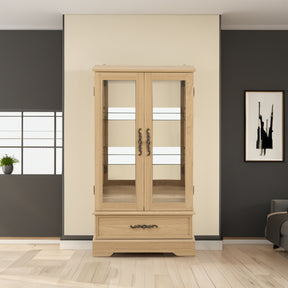 Light colored glass cabinet with adjustable glass frame, including cabinet light bulbs OAK with 2 doors and 1 drawer - V.I.P Digital Presence