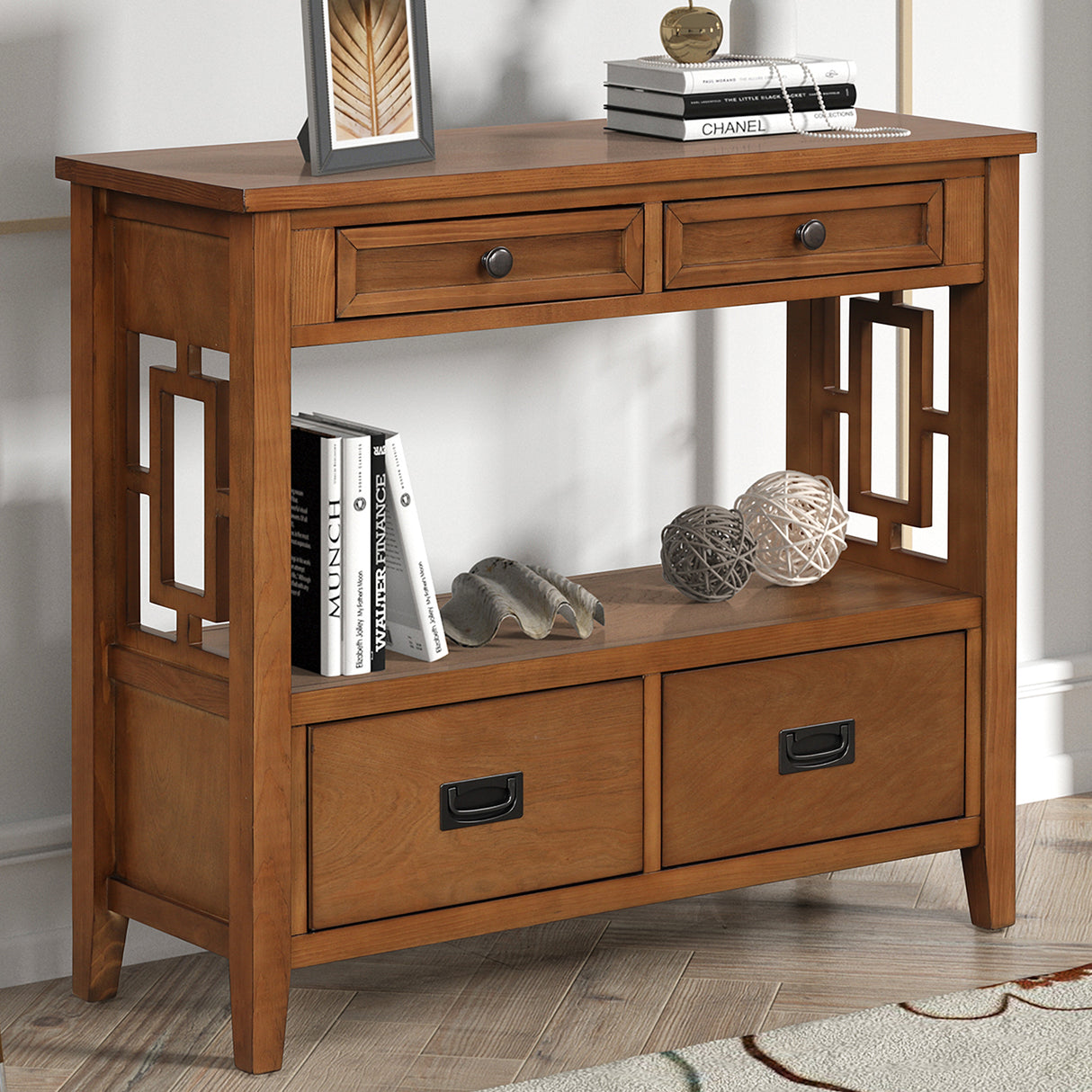 36'' Farmhouse Pine Wood Console Table Entry Sofa Table with 4 Drawers & 1 Storage Shelf (Brown) - V.I.P Digital Presence