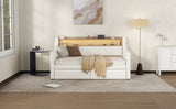 Twin Size Daybed with Drawers, Upholstered Daybed with Charging Station and LED Lights, White - V.I.P Digital Presence