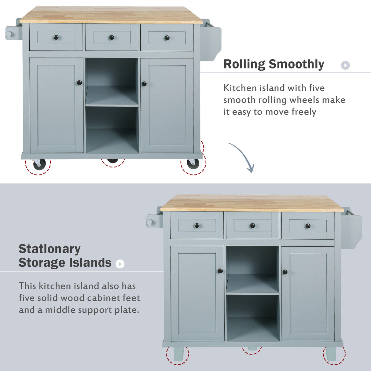 Kitchen handcart with rubber wood leaf countertop, storage cabinet, shelf, and 3 dining room drawers, gray blue - V.I.P Digital Presence