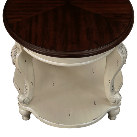 22 inch dual tone round head table, solid wood sofa side table with shelf, white and cherry tabletop - V.I.P Digital Presence