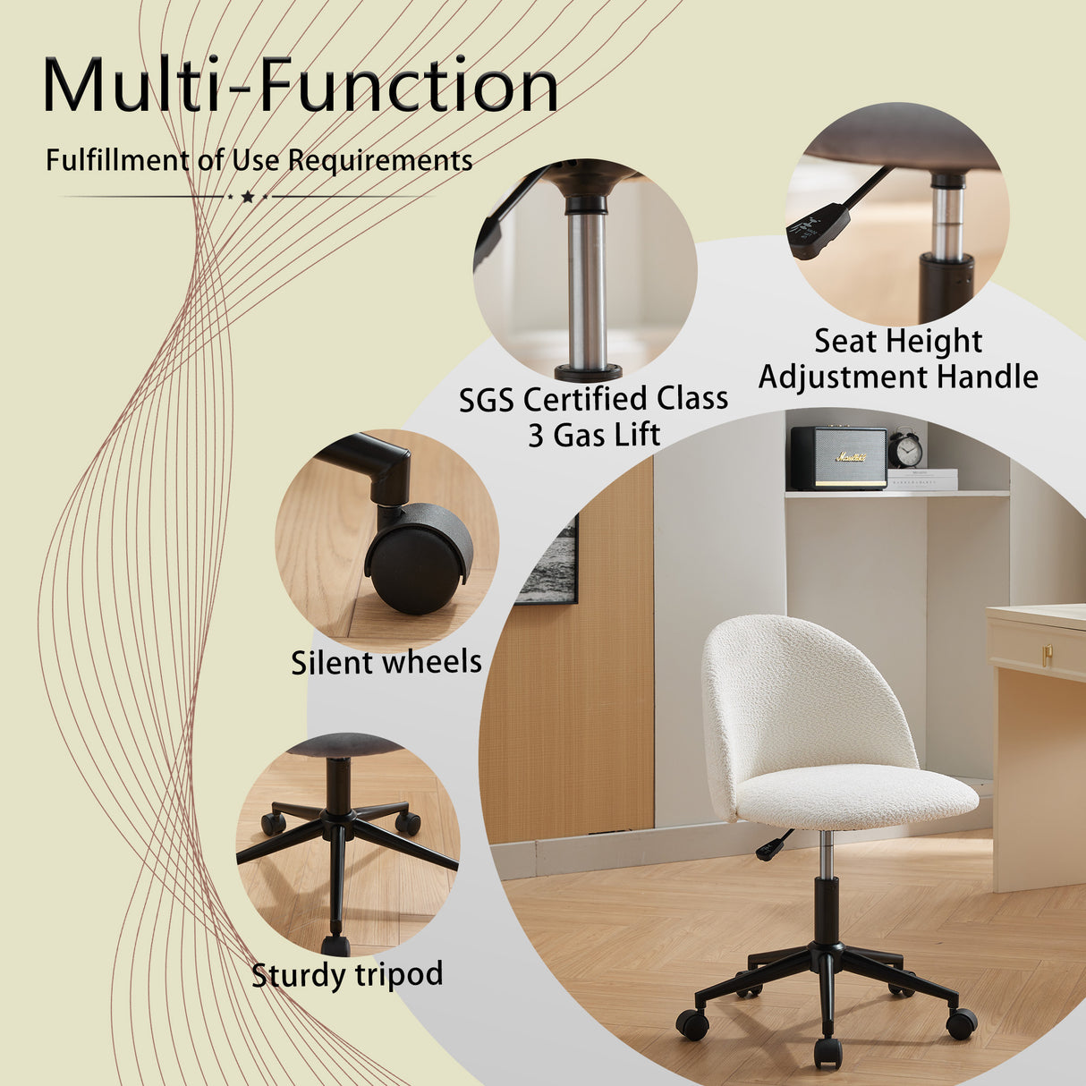 Velvet fabric office chair, mid back adjustable rotating computer chair, black legs, cushioned office chair with wheels ，White - V.I.P Digital Presence