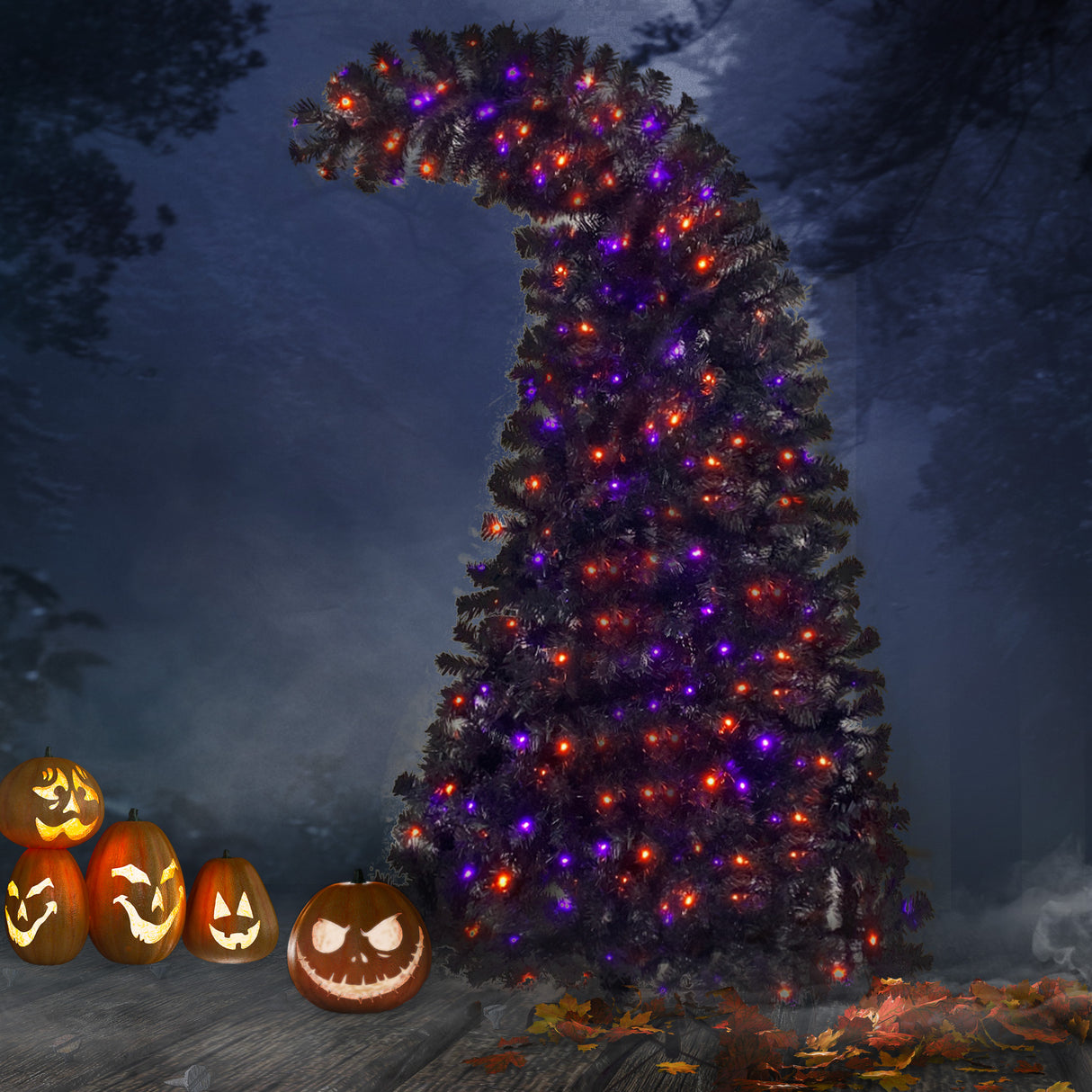 6FT artificial fir curved top Halloween tree, with 1080 lush branch tips and 300 LED lights in a Christmas and Halloween style - V.I.P Digital Presence