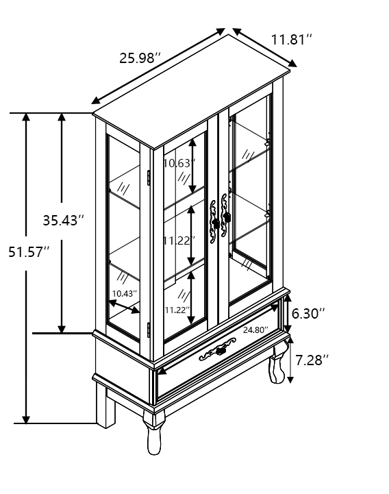 Curio cabinet lighting glass cabinet with adjustable glass frame, 2 doors and 1 drawer with light bulb, dark cherry color - V.I.P Digital Presence