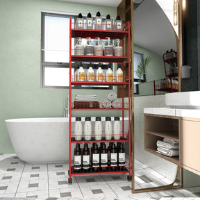 Red 6-story ultra-thin rolling storage cart, mobile shelves with wheels, metal wire storage rack with baskets - V.I.P Digital Presence