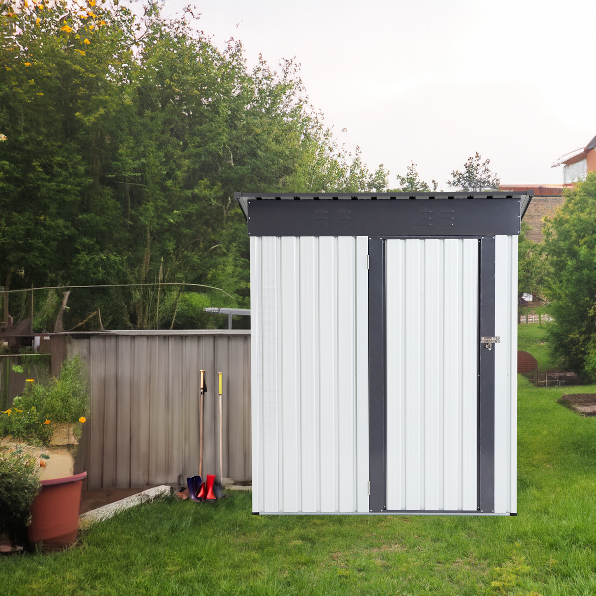 XWT016 Garden Metal Storage Lifter Shed Gray White 5x3x6ft outdoor storing tools Rainproof Hinge door version - V.I.P Digital Presence