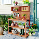 65" Large Wooden Farmhouse Rustic Outdoor Potting Bench Table Garden Potting Bench with 4 Storage Shelves and Side Hook,Natural - V.I.P Digital Presence