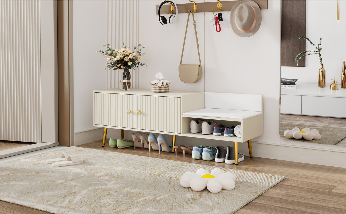 Modern Shoe Storage Bench with Hidden Storage and Upholstered Cushions for Bedside, Living Room and Entryway ((Antique White) - V.I.P Digital Presence