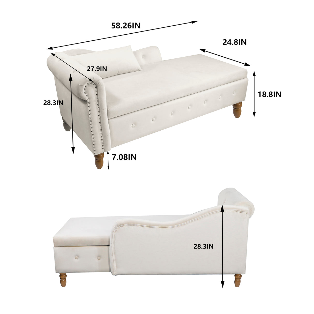 Beige Chaise Lounge Indoor Velvet Lounge Chair for Bedroom with Storage & Pillow Modern Upholstered Rolled Arm Chase Lounge - V.I.P Digital Presence