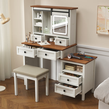 46.5-inch dressing table with adjustable LED lighting mirror and charging station, equipped with soft cushioned stool - V.I.P Digital Presence