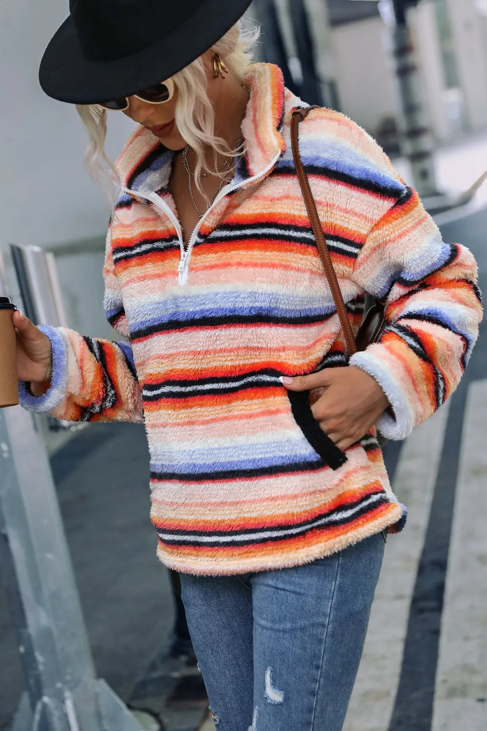 Striped Quarter Zip Dropped Shoulder Sweatshirt - V.I.P Digital Presence