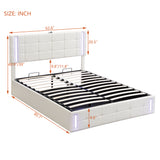 Queen Size Upholstered Bed with LED Lights,Hydraulic Storage System and USB Charging Station,White
