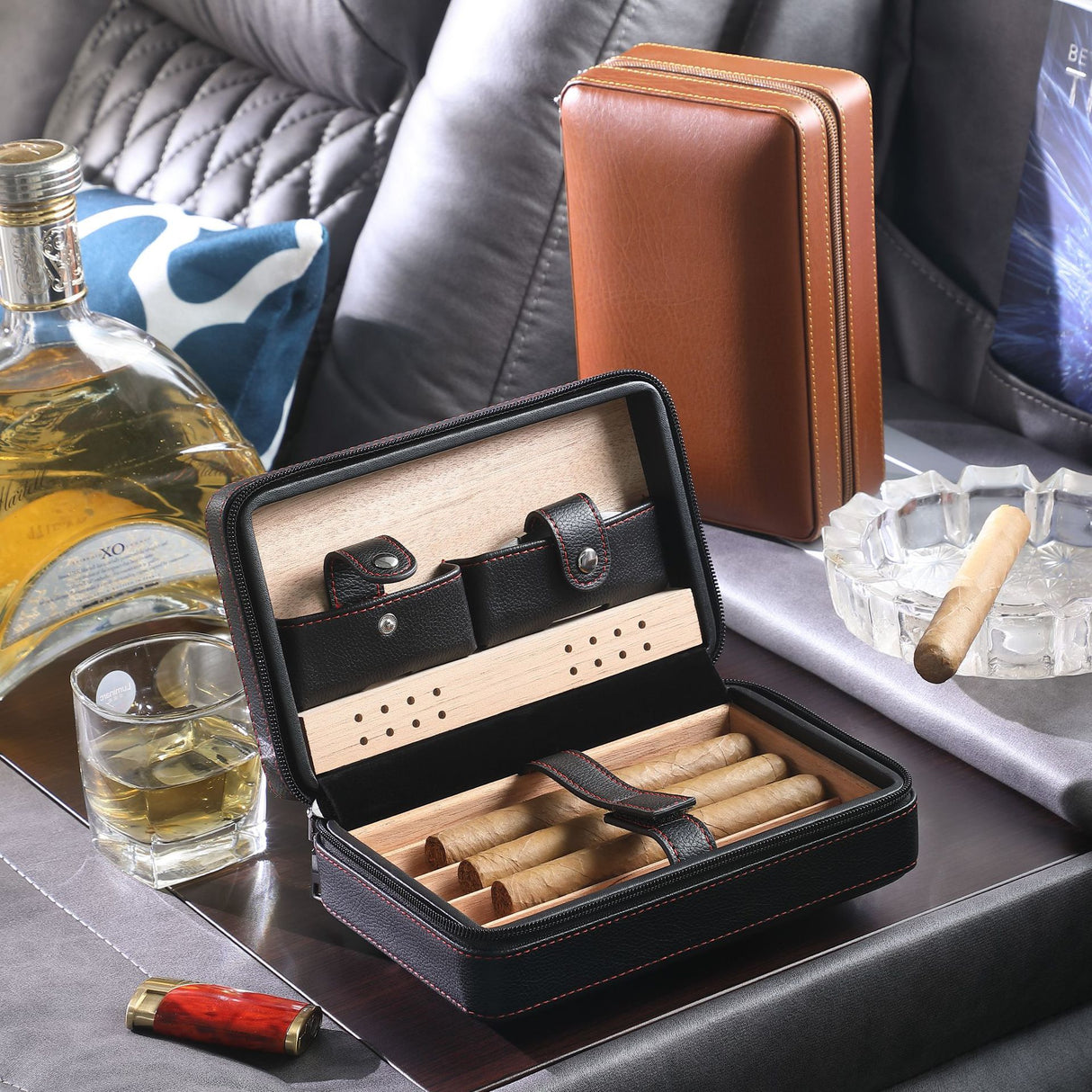 Cigar box portable zipper bag four pack mellow and moisturizing smoking accessories cedar wood gift box travel companion - V.I.P Digital Presence