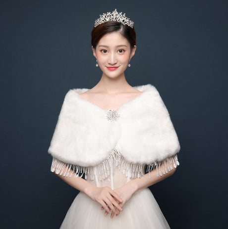 Bride's wedding dress fur shawl women's warm white cloak cheongsam jacket red cloak - V.I.P Digital Presence