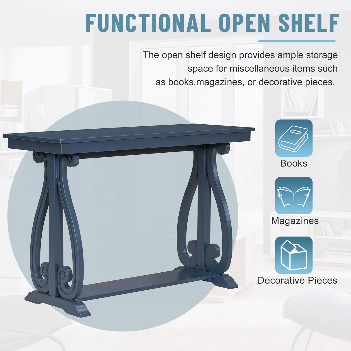 48-Inch Rustic Vintage Console Table --- Farmhouse Style Entryway Table with Open Shelf and Sturdy Construction (Navy) - V.I.P Digital Presence
