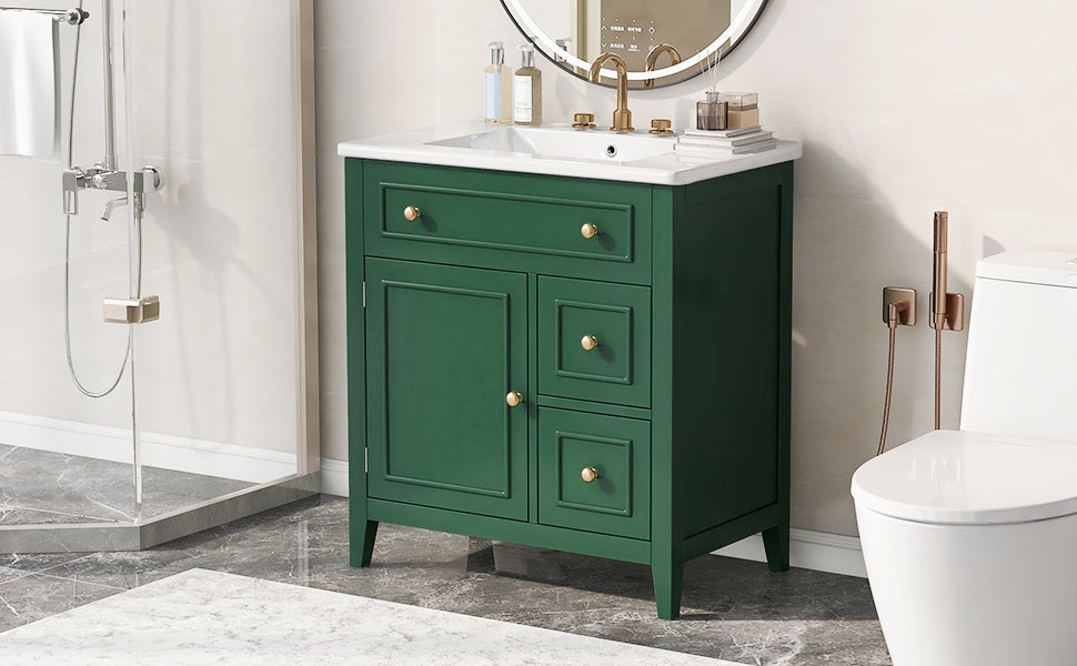 30" Bathroom Vanity with Sink Top, Bathroom Vanity Cabinet with Door and Two Drawers, Solid Wood Frame, One Package, Green - V.I.P Digital Presence