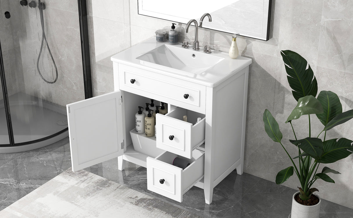 30" Bathroom Vanity with Sink Top, Bathroom Vanity Cabinet with Door and Two Drawers, Solid Wood Frame, One Package, White - V.I.P Digital Presence