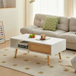 41.34" Rattan Coffee table sliding door for storage solid wood legs White - V.I.P Digital Presence