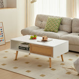 41.34" Rattan Coffee table sliding door for storage solid wood legs White - V.I.P Digital Presence