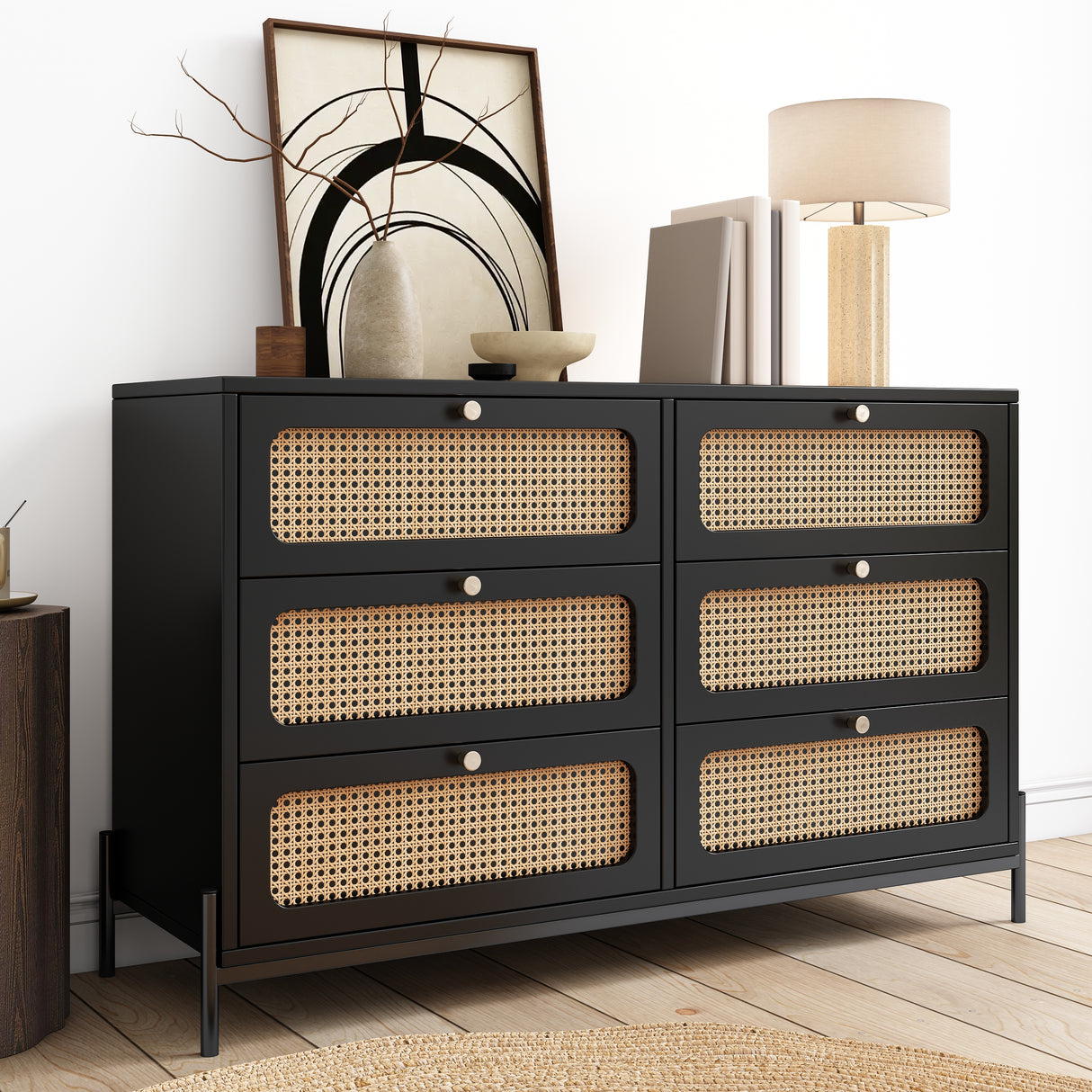 Modern hemp vine wood closet with 6 drawers, dressing table, wooden storage cabinet side panel, black - V.I.P Digital Presence