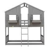 Twin over Twin House Bunk Bed with Roof , Window, Window Box, Door , with Safety Guardrails and Ladder, Grey - V.I.P Digital Presence