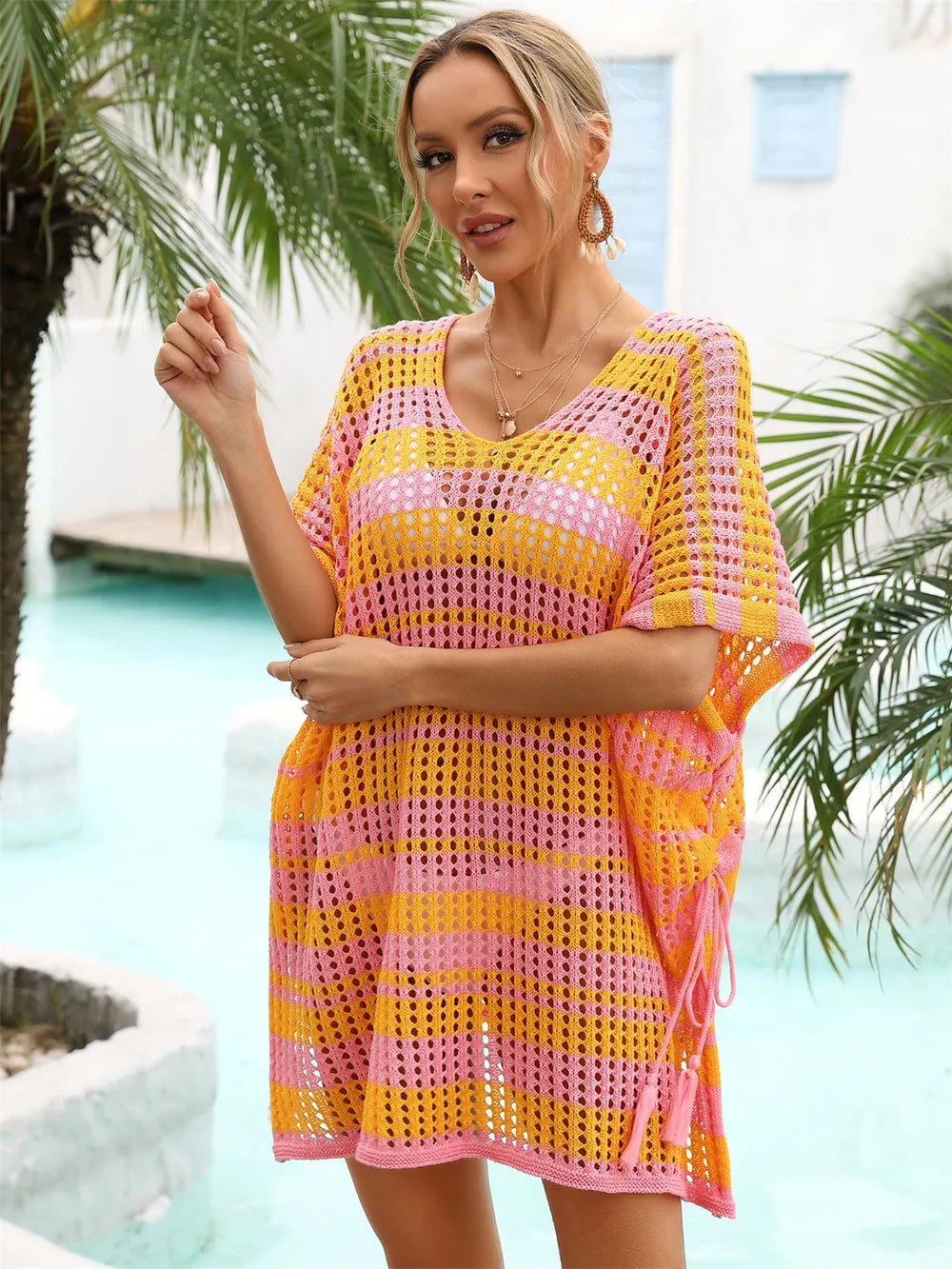 Tassel Openwork Striped V-Neck Cover Up - V.I.P Digital Presence