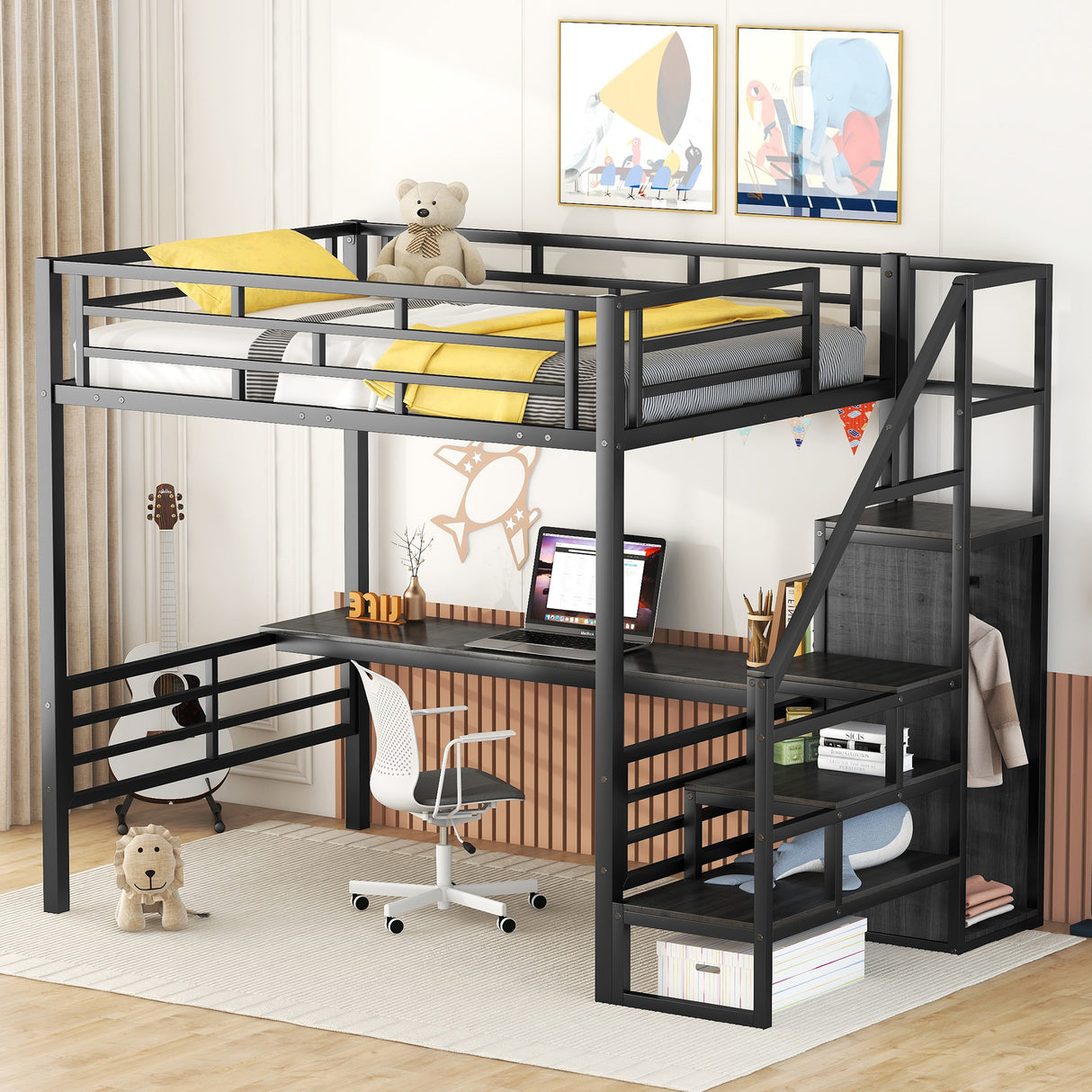 Full Size Metal Loft Bed with Desk, Storage Staircase and Small Wardrobe, Storage stairs can be installed left and right,Black - V.I.P Digital Presence