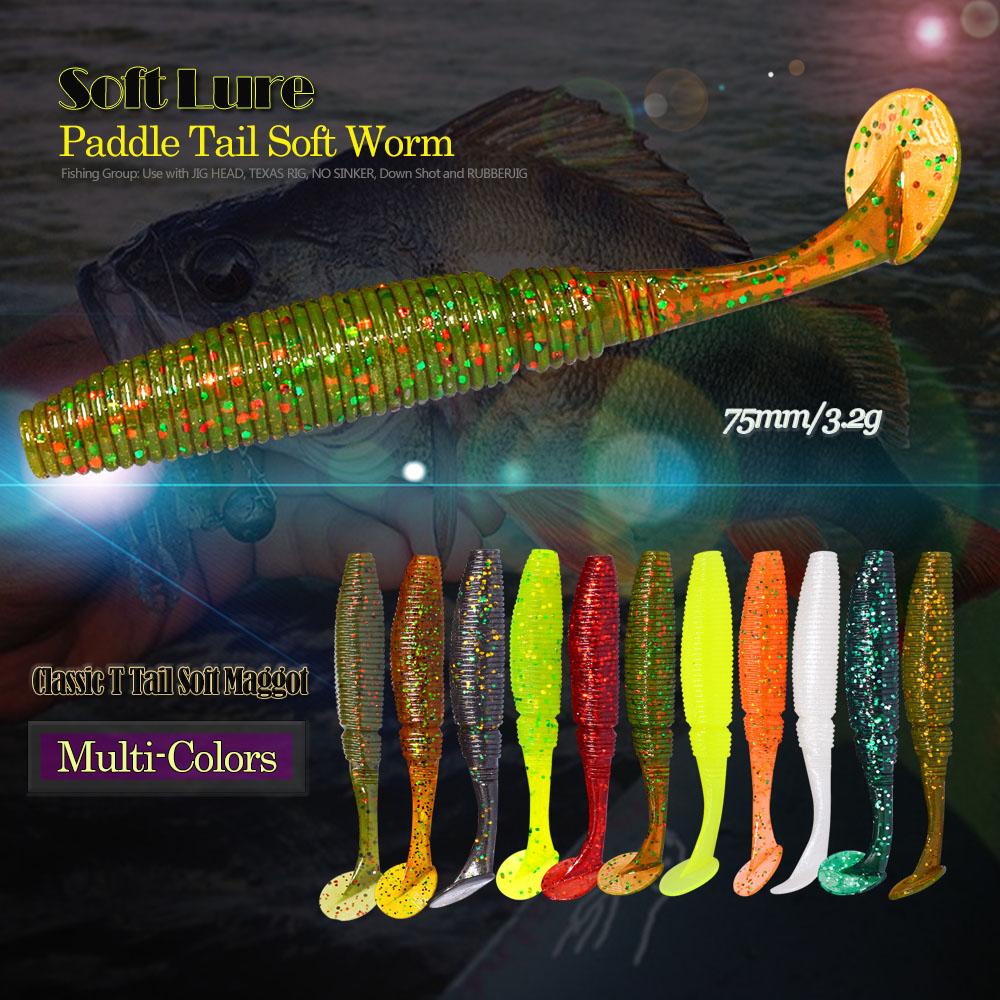 AFISHLURE 6 piezas/lote T Tail Soft Worm 3,2 g 75 mm Paddle wobbler señuelo de pesca para lubina cebo de pesca Grub Swimbait 