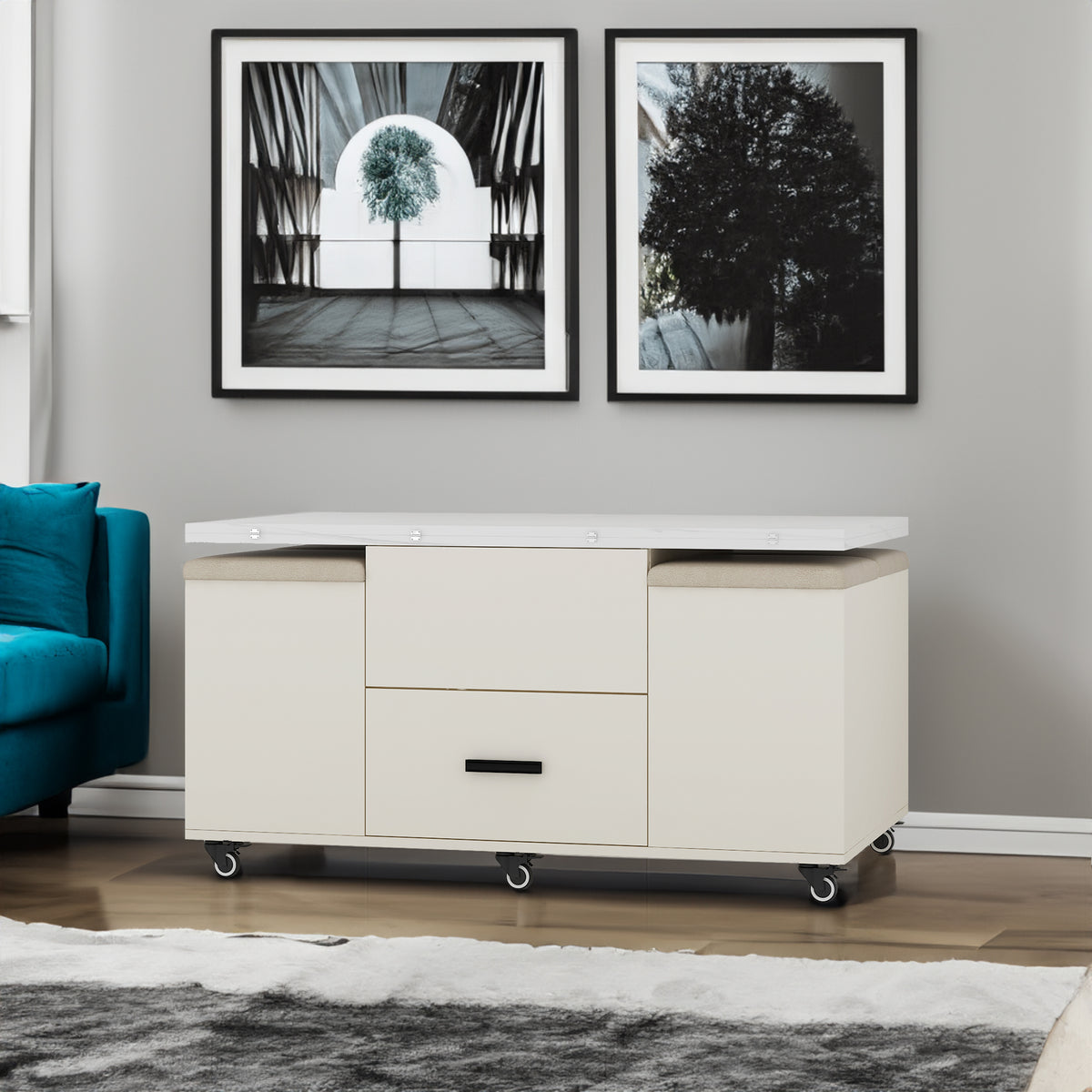 Modern lift coffee table, living room with 4 chairs, expandable 1 hidden storage space+2 drawers, folding dining table - V.I.P Digital Presence