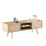 55.12" Rattan TV cabinet double sliding doors for storage adjustable shelf solid wood legs TV console for living room natural - V.I.P Digital Presence