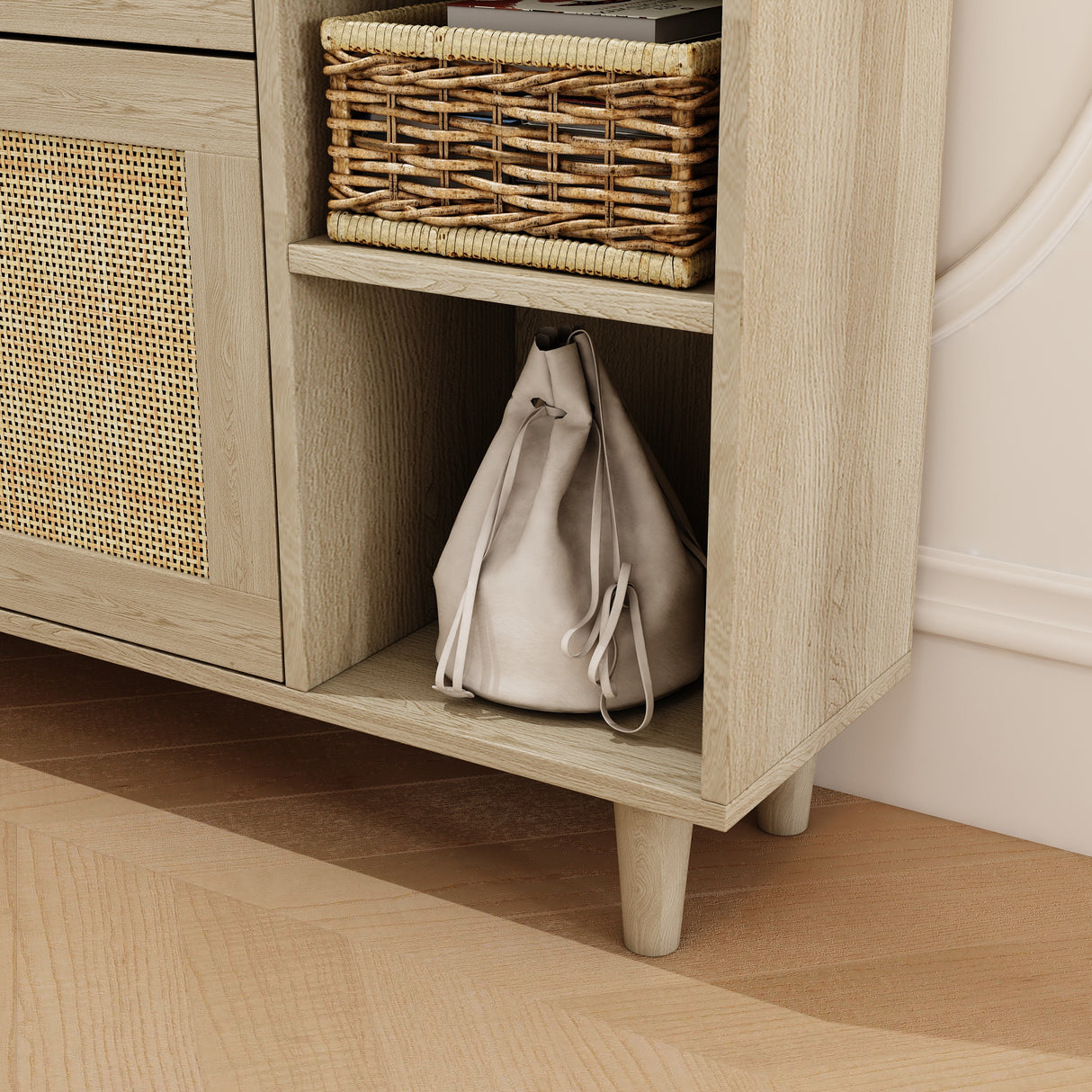 Natural Bohemian style shoe cabinet with 3 rattan flip drawers, 3 square shelves, and 1 storage drawer,  Natural - V.I.P Digital Presence