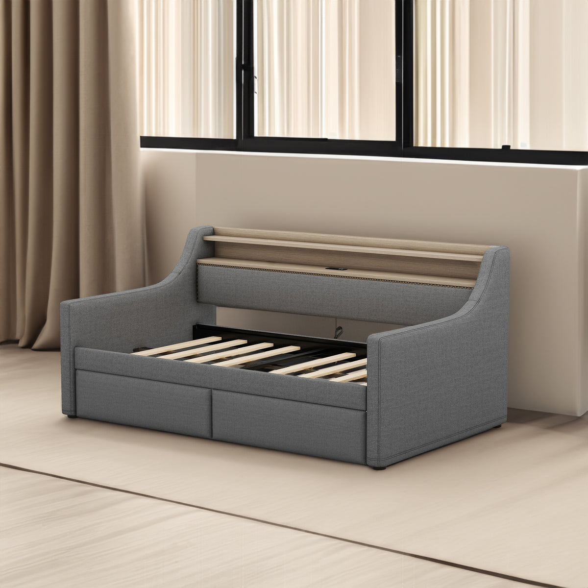 Twin Size Daybed with Storage Drawers, Upholstered Daybed with Charging Station and LED Lights, Gray - V.I.P Digital Presence