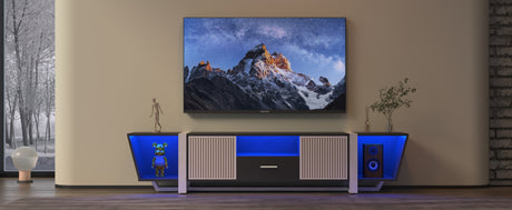 TV console with storage cabinet, dual flat LED TV stand with remote control, multi-mode light with power cord, black - V.I.P Digital Presence