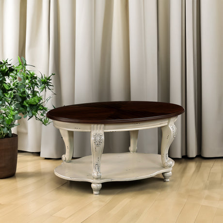42 inch oval wooden coffee table, 2-story solid wood cocktail table with open storage rack, antique white and cherry tabletop - V.I.P Digital Presence