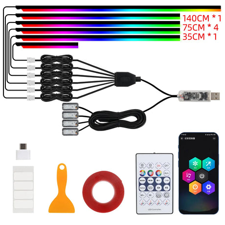 10 in 1 Car LED Acrylic Light Strip RGB Symphony Auto Interior Strip Lights Remote/APP Control Decorative Atmosphere Lamp - V.I.P Digital Presence