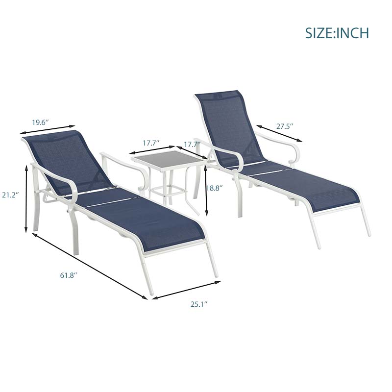 3-piece terrace lounge chair set, outdoor lounge chair with 5 adjustable backrests, sturdy steel frame, white blue - V.I.P Digital Presence