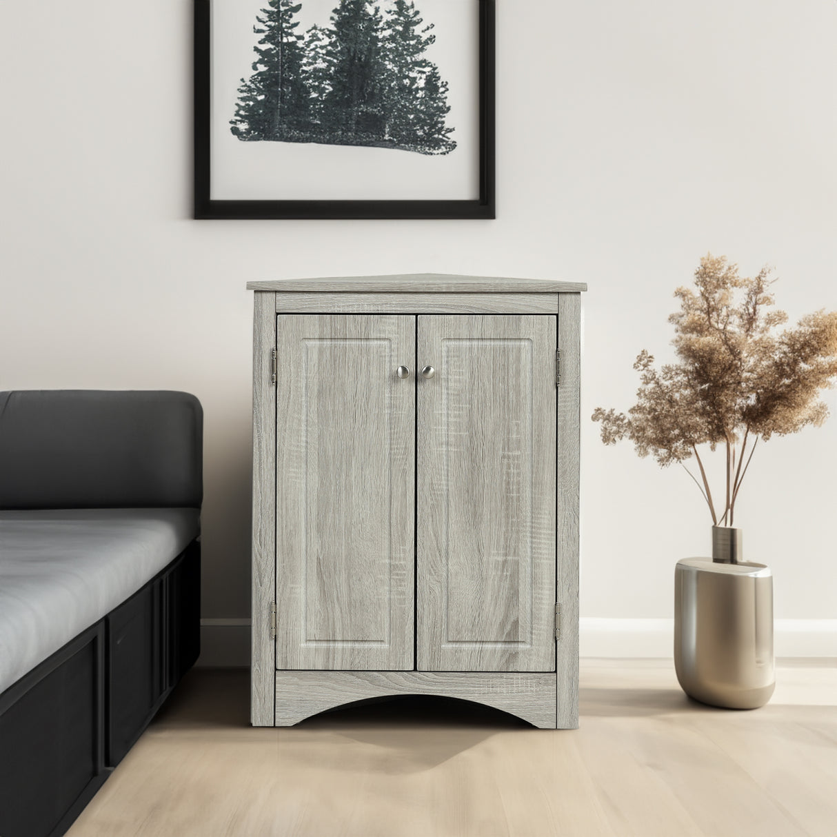 Oak Triangle Bathroom Storage Cabinet with Adjustable Shelves, Freestanding Floor Cabinet for Home Kitchen - V.I.P Digital Presence