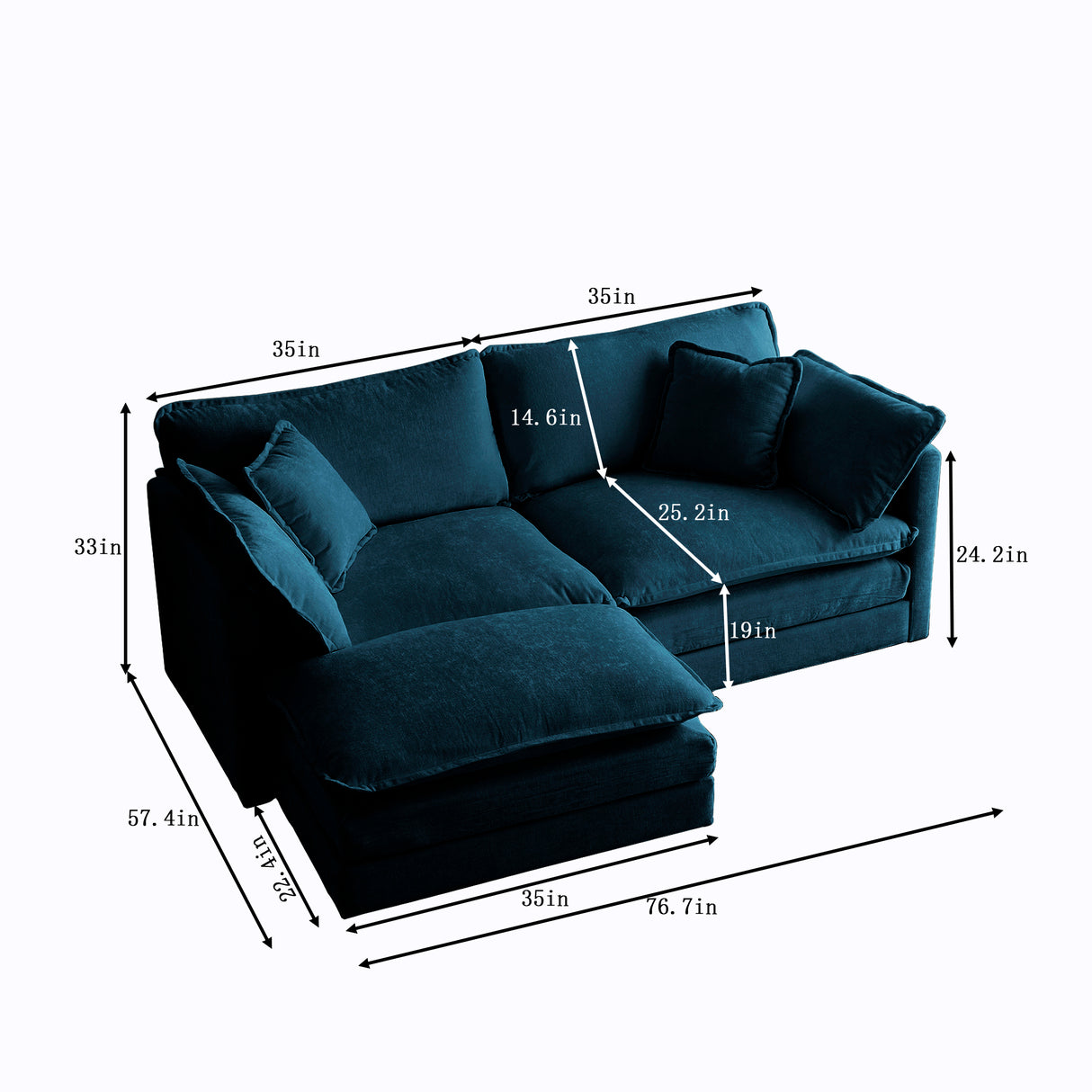 Chenille double sofa with 1 foot pedal, 2 seats L-shaped section, Ottoman style blue Chenille - V.I.P Digital Presence