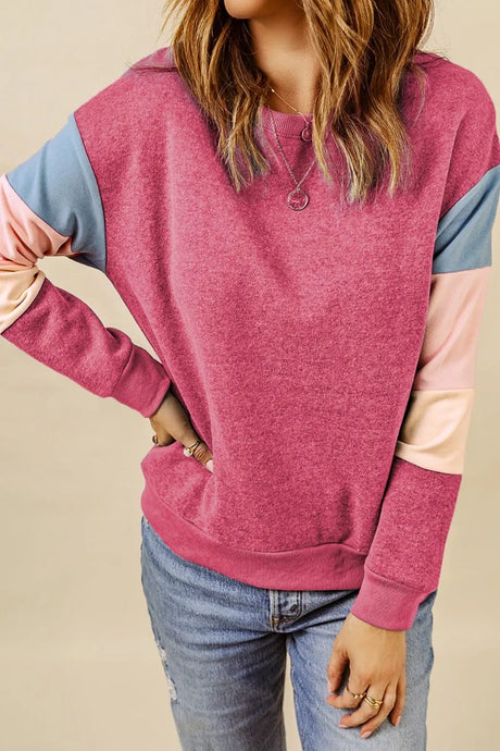 Color Block Round Neck Long Sleeve Sweatshirt - V.I.P Digital Presence