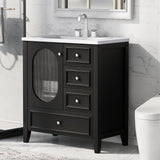30" Bathroom Vanity with Sink, Bathroom Vanity Cabinet with Three Drawers and Door, Solid Wood and MDF, Black - V.I.P Digital Presence