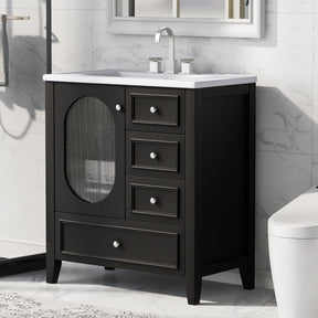 30" Bathroom Vanity with Sink, Bathroom Vanity Cabinet with Three Drawers and Door, Solid Wood and MDF, Black - V.I.P Digital Presence