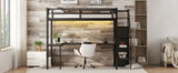 Twin XL loft bed with L-shaped desk and USB, metal loft bed with wardrobe and adjustable shelf, LED loft bed, black - V.I.P Digital Presence