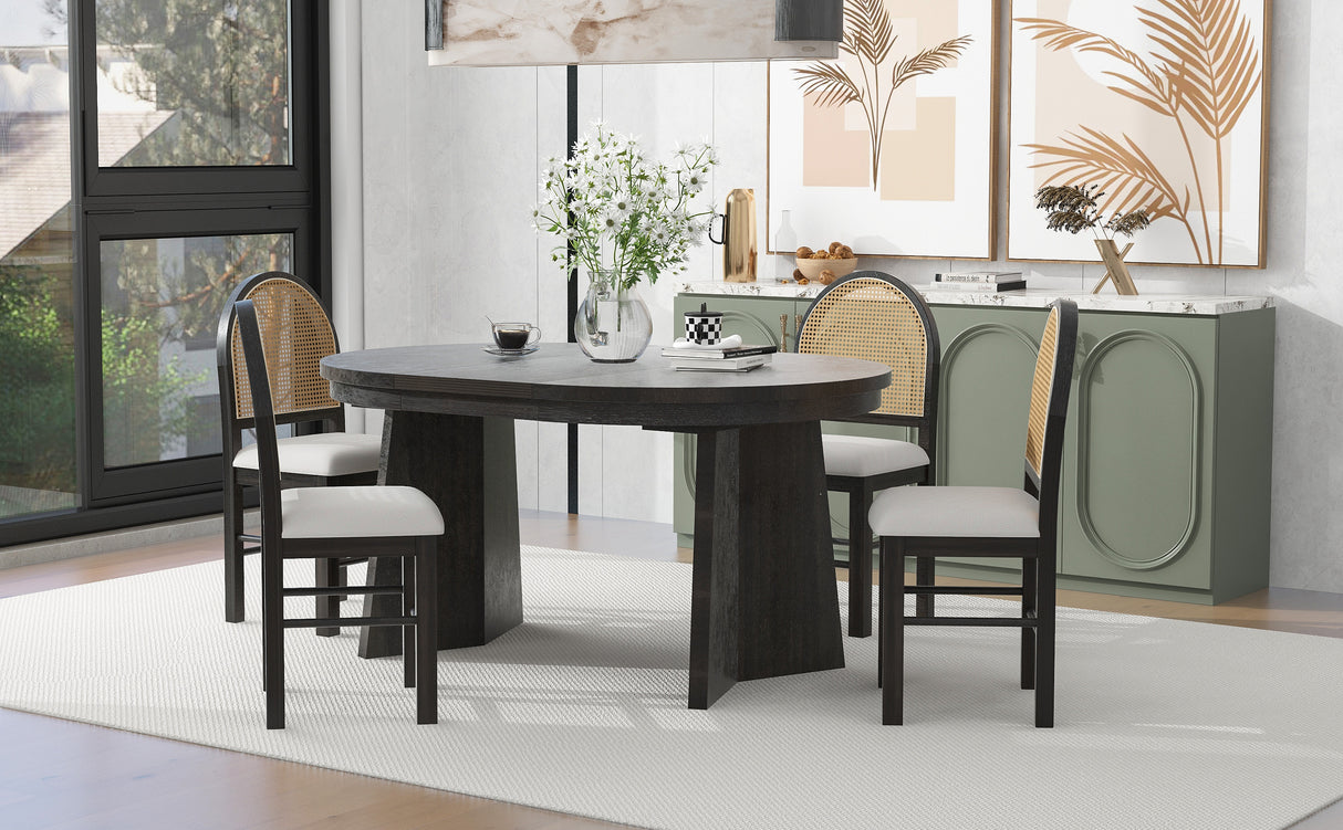 TREXM 5-piece retro functional cutlery set with 1 expandable dining table and 4 cushioned chairs with rattan backrests (espresso - V.I.P Digital Presence