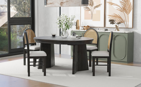 TREXM 5-piece retro functional cutlery set with 1 expandable dining table and 4 cushioned chairs with rattan backrests (espresso - V.I.P Digital Presence