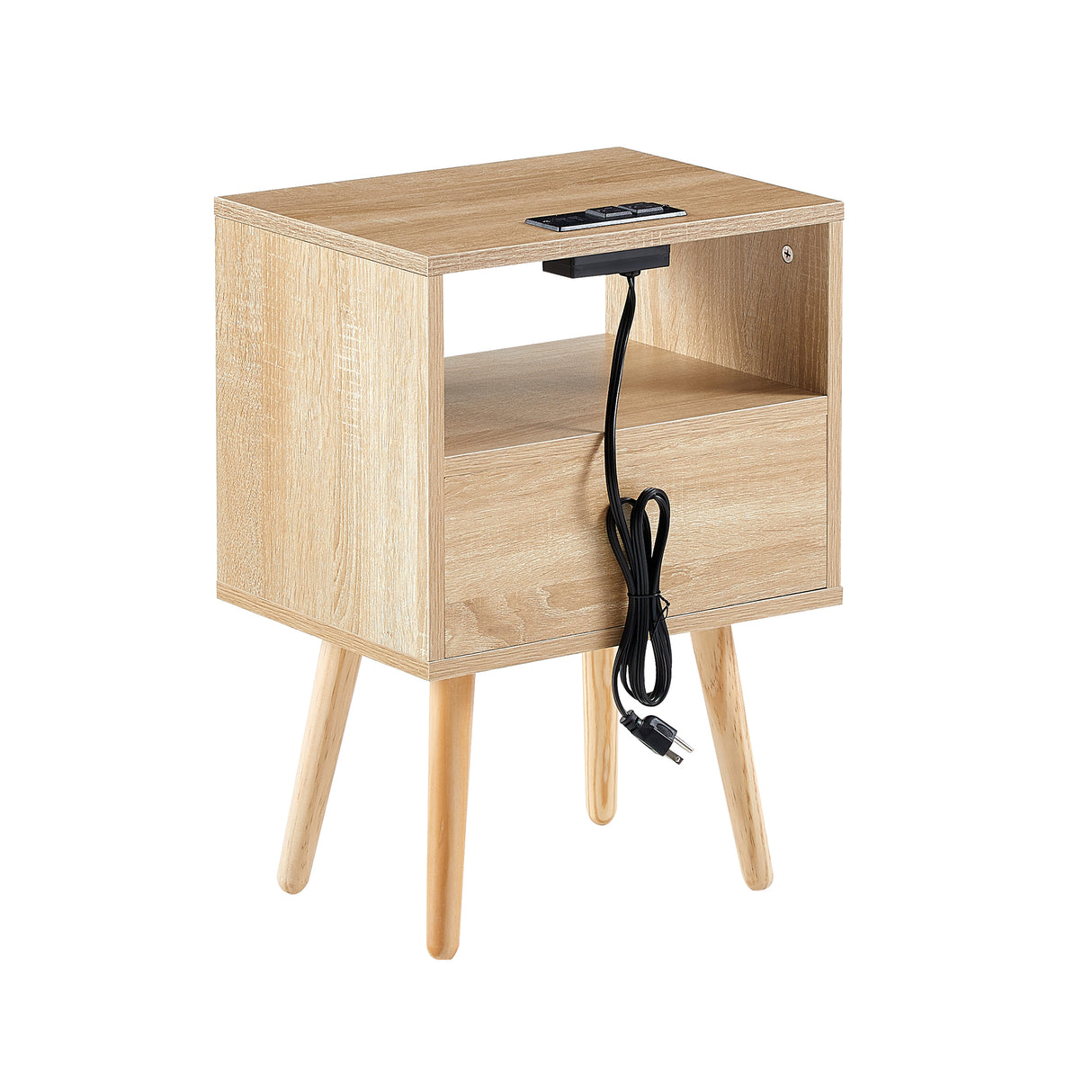 15.75" Rattan End table with Power Outlet & USB Ports  Modern nightstand with drawer and solid wood legs - V.I.P Digital Presence