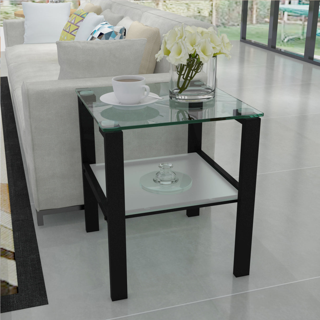 Glass two layer tea table, small round table, bedroom corner table, living room black side table - V.I.P Digital Presence