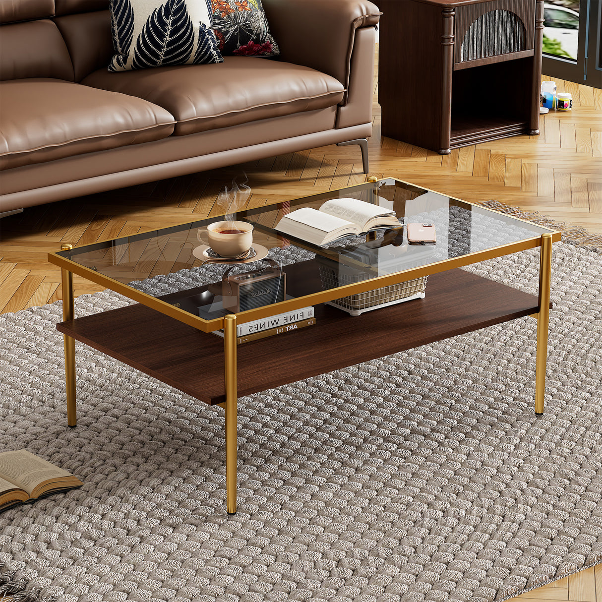 Rectangle Coffee Table with Gray Tempered Glass top and Golden Legs, Modern Table for Living Room - V.I.P Digital Presence
