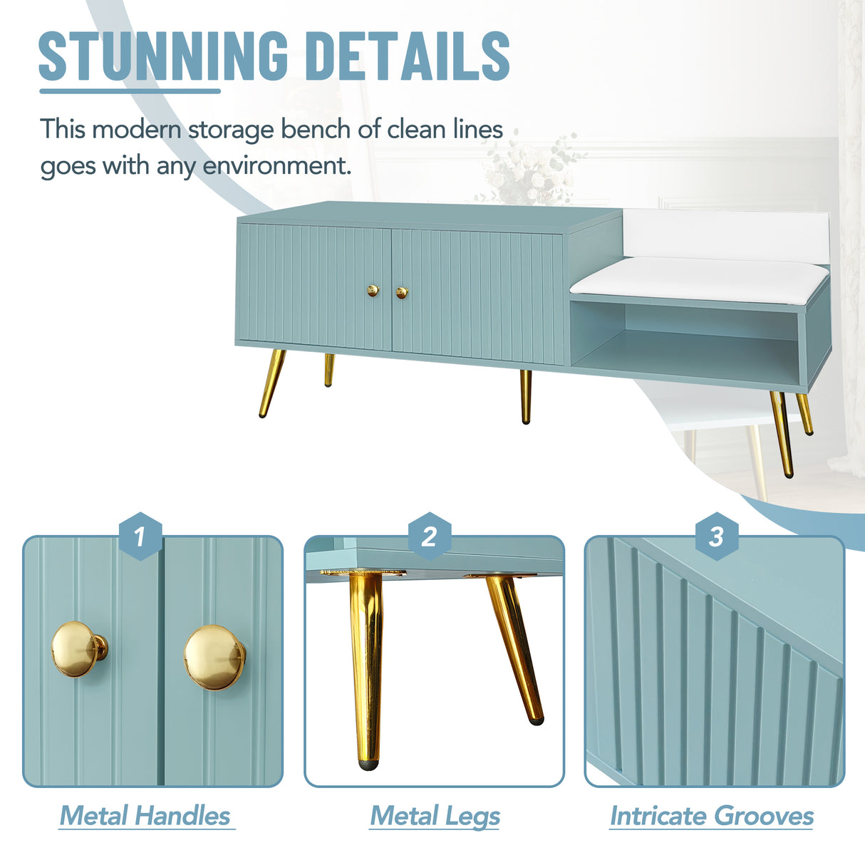 Modern Shoe Storage Bench with Hidden Storage and Upholstered Cushions for Bedside, Living Room and Entryway (Tiffany Blue) - V.I.P Digital Presence