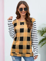 Plaid Striped Round Neck Long Sleeve T-Shirt - V.I.P Digital Presence
