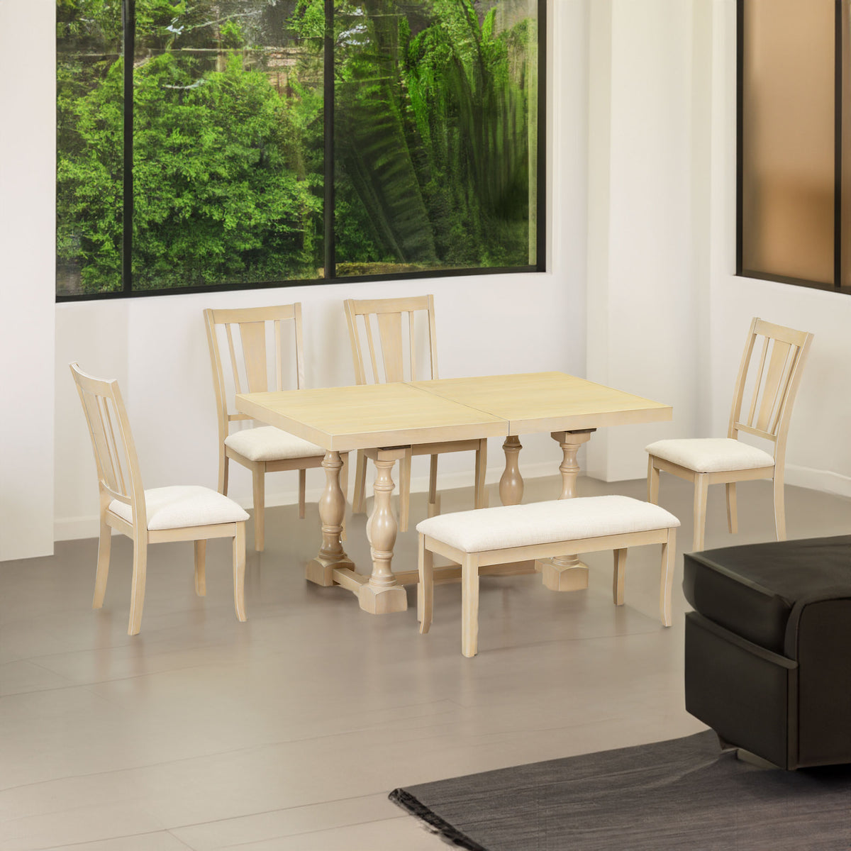 Traditional 6-Piece 78inch Trestle Extendable Dining Table Set with One 18inch Removable Leaf Padded Dining Chairs Bench,Natural - V.I.P Digital Presence